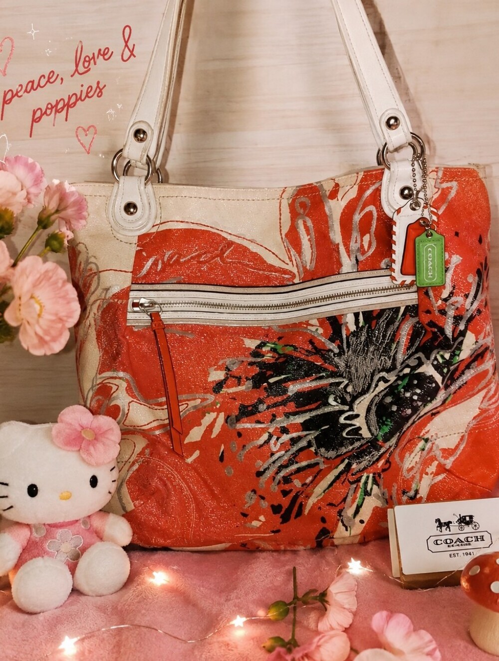 Coach Poppies For Peace Tote with White Handles and Green Tag